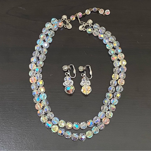 Vintage Unsigned Aurora Borealis Double Strand Statement Necklace & Earrings Set - Picture 6 of 13